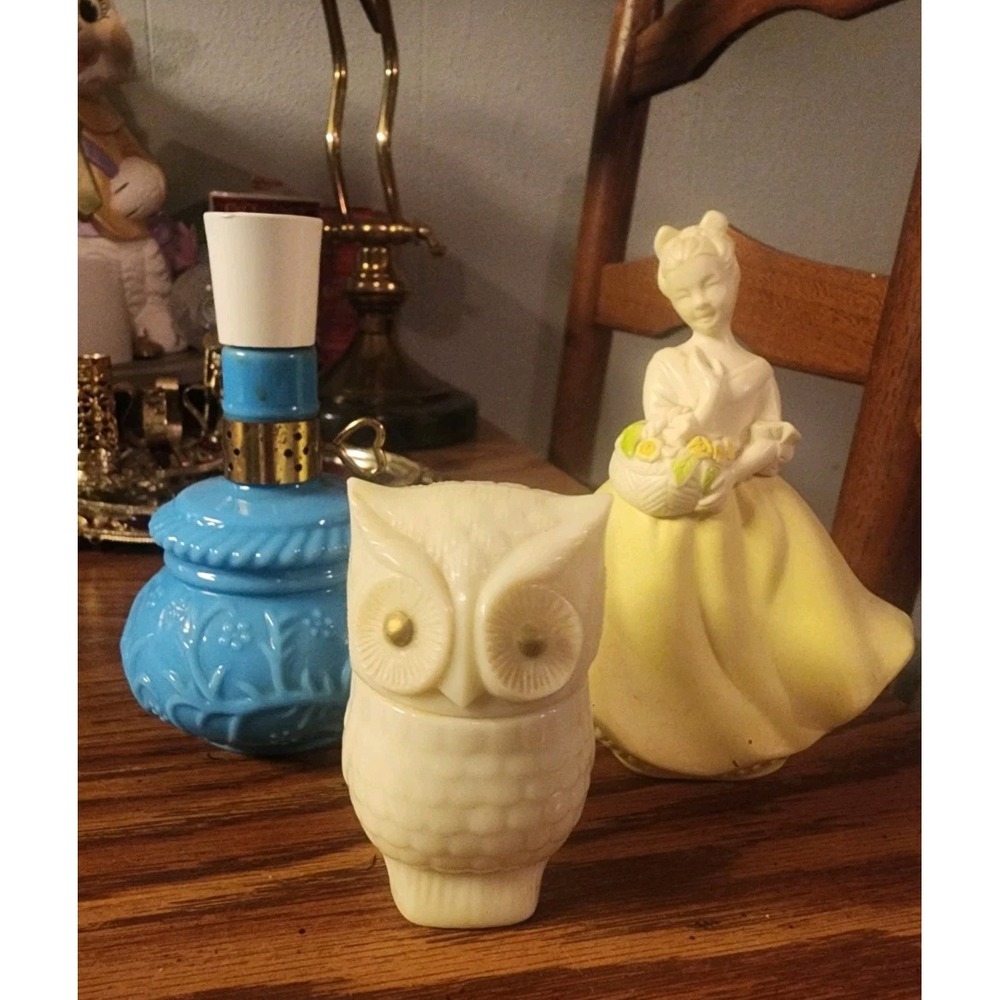 Vintage Lot Of 3 1970s Collectible Empty Avon Perfume Bottles, Owl, Lamp, Lady,